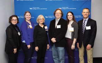 From left to right, Prof. Ekin Atilla-Gokumen, Sarah Forney, Dr. Marge Winkler, Prof. Steven Ray, Julia Bulmahn and Prof. David Watson at the College of Arts and Sciences Outstanding Student and Alumni Reception. Sarah and Julia are PhD students supported by the Winkler Fellowship. 