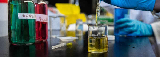 Solutions in a chemistry lab. 