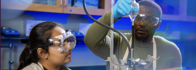 Students work in a general chemistry laboratory. 