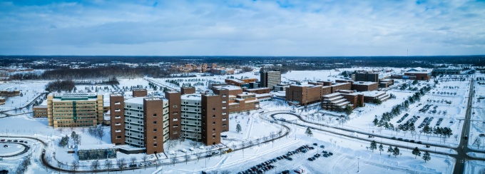 Exterior aerial image the North Campus with after a heavy snowfall in early January 2021. Photographer: Douglas Levere. 