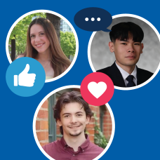 Blue graphic with three circular student headshots and social media style icons, including a thumbs up, heart and speech bubble. 