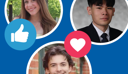 Blue graphic with three circular student headshots and social media style icons, including a thumbs up, heart and speech bubble. 