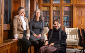 Co-investigators on the grant from the Mellon Foundation are, from left, Jo L. Freudenheim, Victoria Wolcott and Michael Rembis, photographed in the Abbott Library in December 2023. The grant supports a new interdisciplinary research project that seeks to better understand and address issues faced by caregivers and those with disabilities. Photographer: Douglas Levere. 