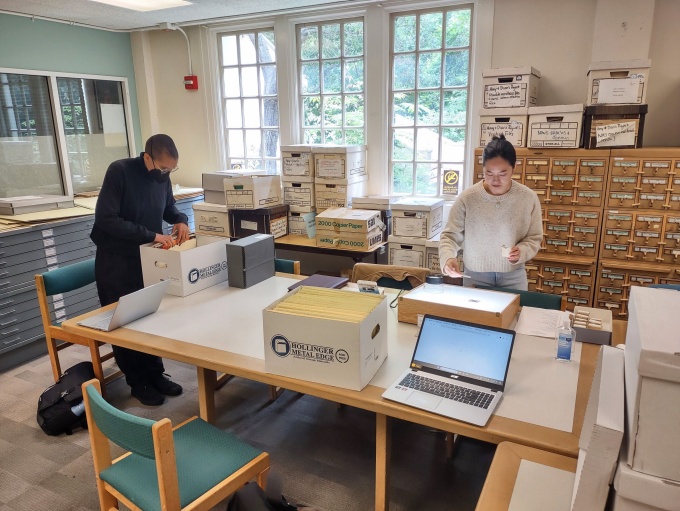 students working in the library. 