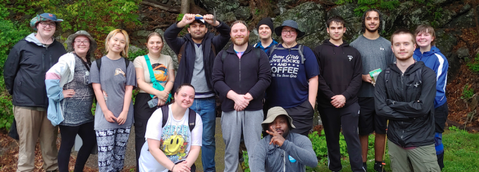 Group photo in the woods. 