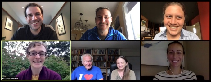 Stuart Evans, Jason Briner, Sophie Nowicki, Kristin Poinar, Bea Csatho, Tony Schenk and Elizabeth Thomas in a Zoom call. 