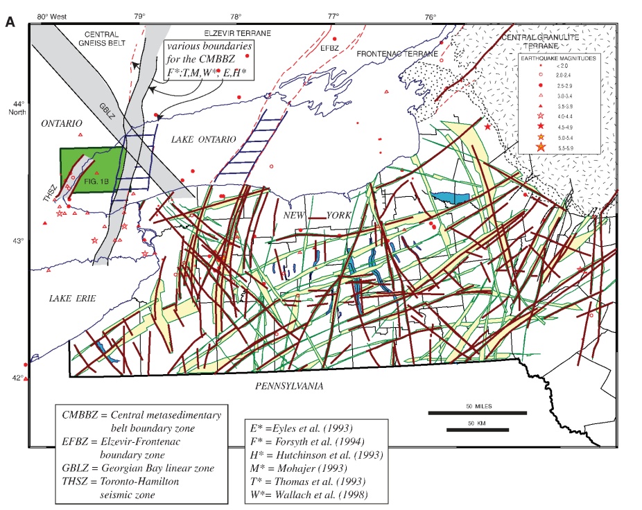 Zoom image: Figure 2. Generalized fault map displaying selected major fault systems, lineament trends, and location of seismic events. Yellow bands indicate potential extent of fault systems, based on bundles of EarthSat (1997) lineaments. Brown lines indicate potential and known faults based on integrated studies (see Jacobi, 2002). From Jacobi (2002) and Jacobi et al. (2007). 