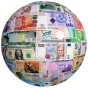 An illustration of a globe covered in world currency. 