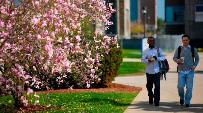 Students walking on South Campus. 