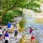 Educators explore a shallow river and its rocky banks during an Earth and environmental science field experience. 