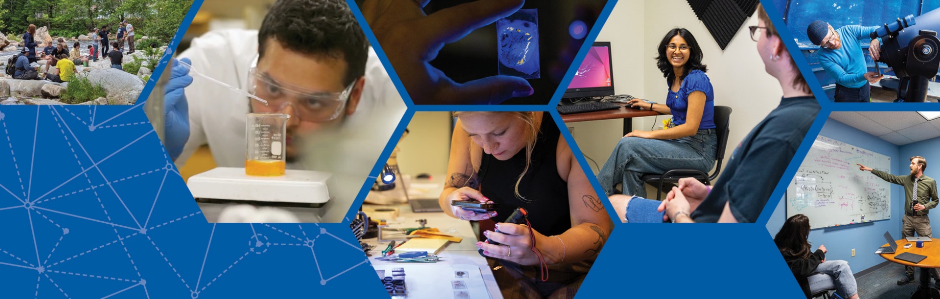 Collage-style banner highlighting undergraduate research, featuring students conducting lab experiments, examining samples, working with technology, collaborating in offices and classrooms, and participating in outdoor field research, all connected by a blue geometric design. 