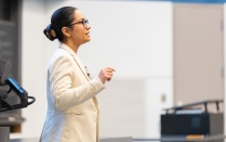 Zoom image: Opinder Kaur, with the department of economics, teaches a class in the Natural Sciences Complex (NSC) in February 2024. Photographer: Douglas Levere
