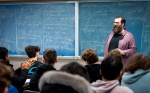 Zoom image: The first day of class for Corey Placito’s math Intro Diff Equations class in January 2024 in a classroom in Clemens Hall. Photographer: Meredith Forrest Kulwicki