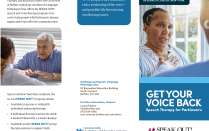 Zoom image: An example of the front of the brochure created by creative services to promote the Parkinson Voice Project's SPEAK OUT! Therapy program.