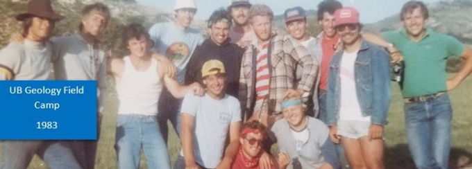 Zoom image: Thanks to Martin Derby (see featured alumni profile) for this nostalgic photo of Field Camp 1983. There were 14 students that year, compared to the 35-40 that is the typical enrollment of our current Field Camp. ​ 