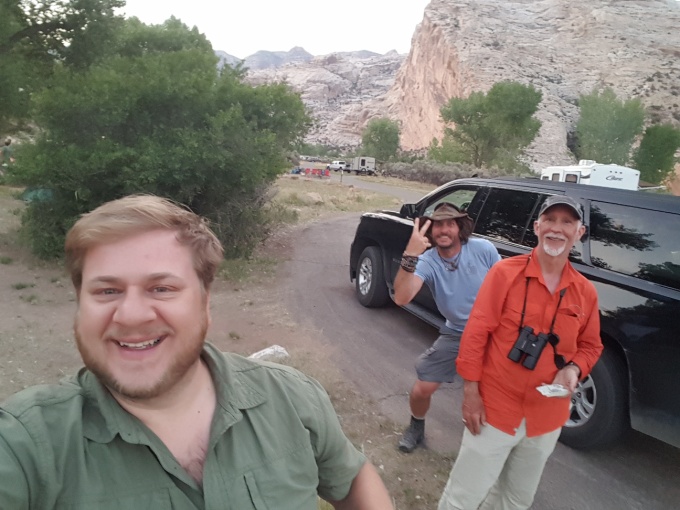 Zoom image: Dr. Phil Stokes, Dr. Chuck Mitchell, Travis Nelson, at Dinosaur Park, New Mexico (Field Camp 2018). 