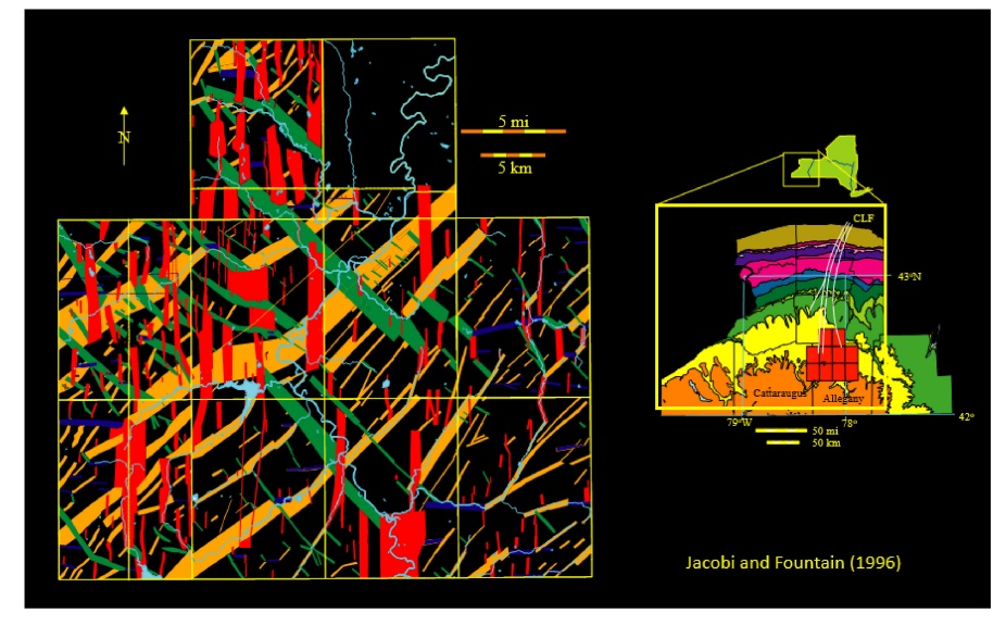 Zoom image: Figure 1. Zones with fracture intensification domains, lineaments and faults in southwestern NYS. Colors indicate different orientation sets of fracture systems. (After Jacobi, RD., and Fountain, J.C., 1996, Determination of the seismic potential of the Clarendon-Linden Fault System in Allegany County, Final Report: NYSERDA (Albany), 2,106 p. &amp; 3I oversized maps.) 