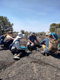 Zoom image: Examining details of an inflated lava surface at the McCartys lava field in New Mexico.  Photo by: Kiersten Hottendorf. 