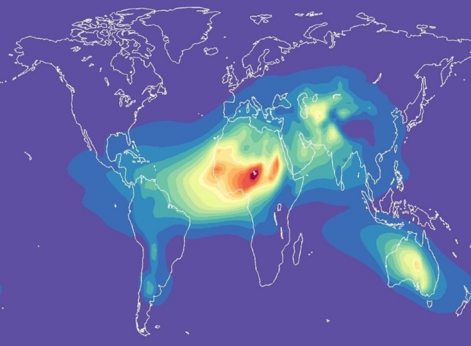 The map of the world shows the distribution of desert dust in the atmosphere by using varying color gradations spanning over the world, simulated by the CM3 global climate model. 