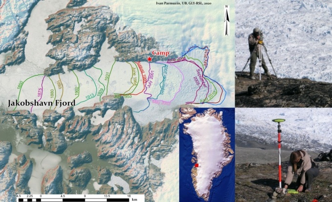 Left side graphics show a comprehensive history of outlet glacier retreat and thinning through colored lines in Jakobshavn Glacier in west Greenland. Upper right side shows icebergs in the fjord being surveyed by Toni Schenk; lower right panel shows Bea Csatho establishing a GPS base station for surveying marginal retreat and elevation change. 