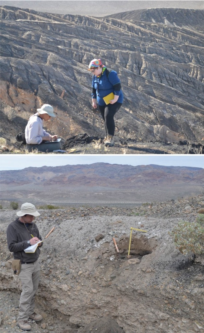 Two photos of PhD candidate Meredith Cole and USGS geologist documenting a volcanic bomb atop a large staggered rock mountain. 