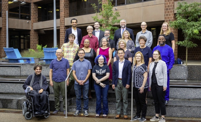 A portrait of the faculty in the College of Arts and Sciences Department of Histroy, taken outside in Paula&rsquo;s Plaza in August 2023. Photographer: Douglas Levere. 