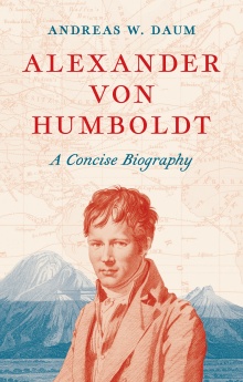Book cover with Alexander Von Humboldt in front of mountains. 