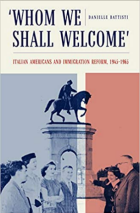 Book cover for Whom We Shall Welcome by Danielle Battisti. White, red and blue with title "Whom We Shall Welcome". 