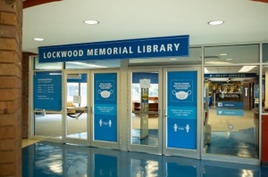 Lockwood Memorial Library with social distancing guidelines. 