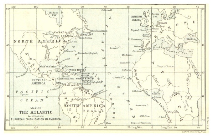 Map of the Atlantic to illustrate European colonization in America (1888). 
