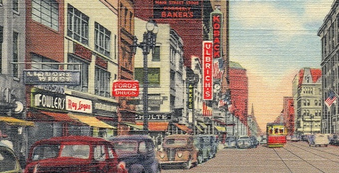 Postcard of painted streetscape from 1940s Buffalo.