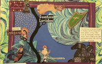 Illustration of human figures and sea turtle against a marbled background with a framed area, reminiscent of a map. 