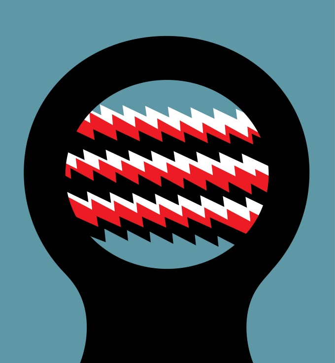 Abstract illustration of a black silhouette of a head profile with a circular opening revealing a pattern of horizontal red and white zig-zag lines on a blue background. 