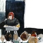 Drawing of Scholars@Hallwalls talk featuring Jasmina Tumbas at podium with white projection screen in background and audience in foreground, by Joan Linder. 