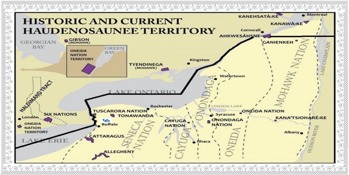 Image of a map showing the historic and current Haudenosaunee territories. The map shows the areas around New York State and Southern Ontario where Haudenosaunee territories are located, with their names and colored shapes designating the location. 