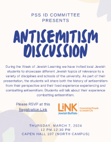 Zoom image: Event poster for PSS ID Committee- Antisemitism Discussion 