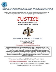 Flyer for the "Justice: An Exploration of Justice in Jewish Thought and Tradition" event. 