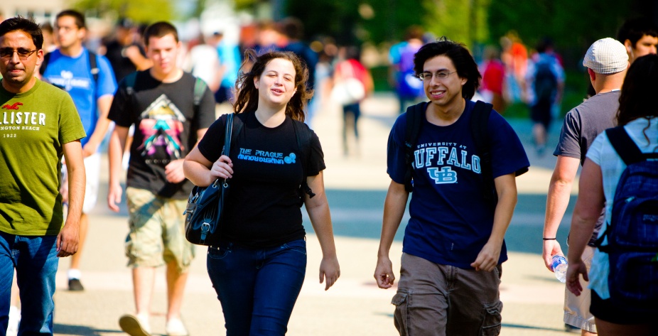 Linguistics students walking on North Campus. 