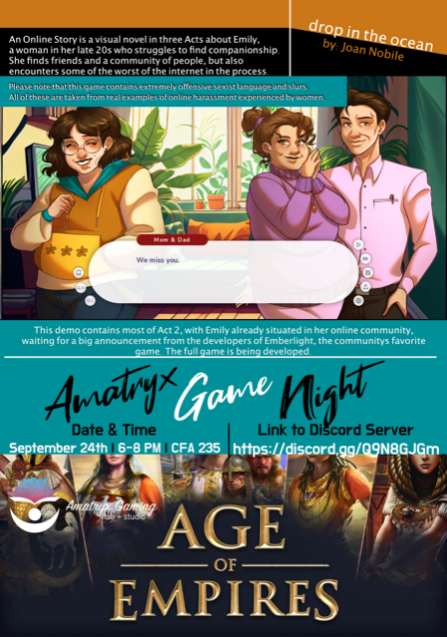 Amatryx game night, Tuesday, September 24 in CFA 235 from 6-8 PM. 