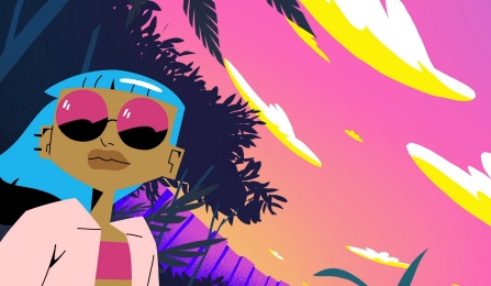 a colorful animation of a girl with sunglasses. 