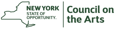 Green logo for New York State Council on the Arts with an outline of New York State and text that reads "New York State of Opportunity, Council on the Arts.". 