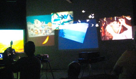 Beebe projecting his multi-screen films. 