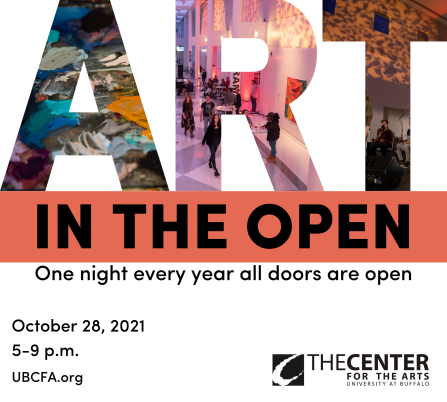 Art in the Open logo with dates and times (October 28, 2021, 5-9PM). 