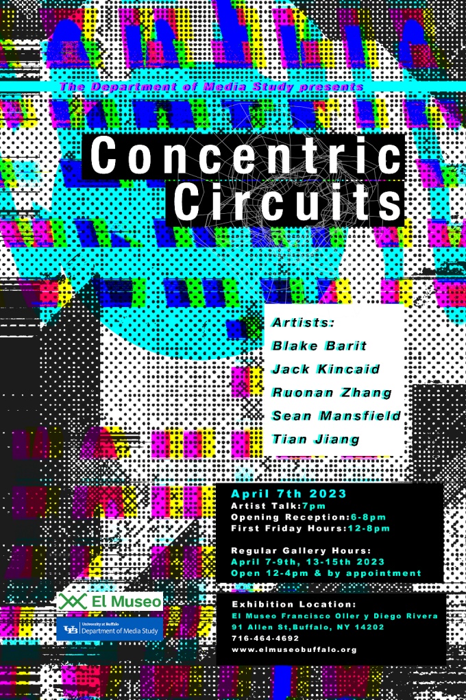 Show poster with text over multi-colored abstract background. 