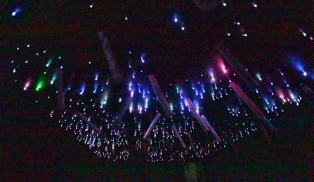 Motion-sensing technology activates lights and rain sticks suspended from the ceiling.