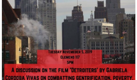 Film poster of downtown Detroit with screening info.