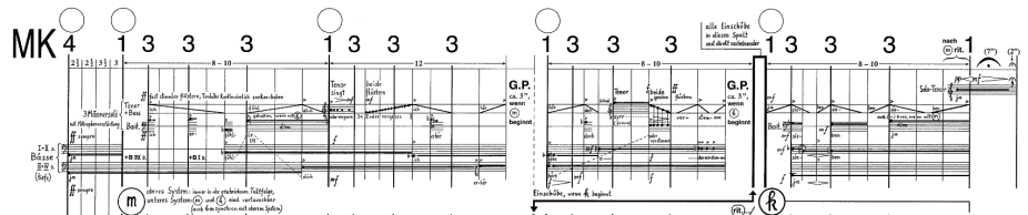 Excerpt from Karlheinz Stockhausen&rsquo;s &ldquo;Momente&rdquo; featuring experimental musical notation, symbols and German performance instructions. 