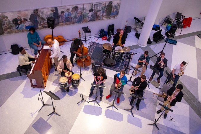The UB Jazz Ensemble, led by George Caldwell, plays in the CFA Atrium prior to a performance by “Jazz at Lincoln Center Orchestra with Wynton Marsalis” at the Center for the Arts in October 2022. 