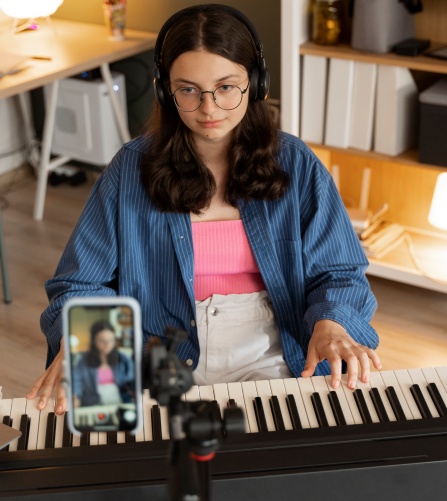 A student playing the piano while being recorded on a smart phone. 