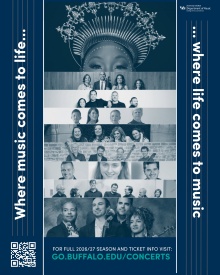 Zoom image: UB Department of Music 2026-27 season graphic featuring a collage of musicians and ensembles with the message, &ldquo;Where music comes to life...where life comes to music.&rdquo;
